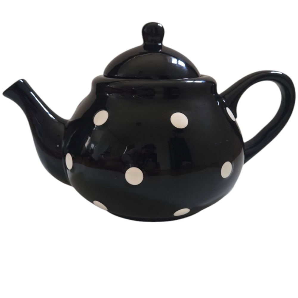 Terramoto Ceramic Black & White Polka Dot French Budgie Teapot